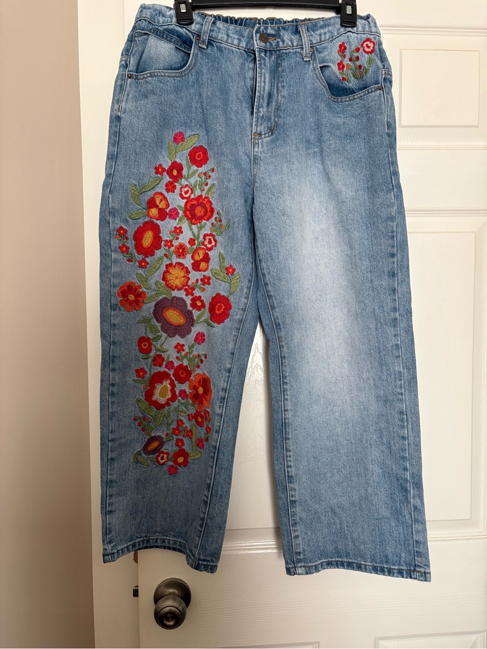 Light Blue Denim Wide-Leg Jeans with Red Floral Embroidery